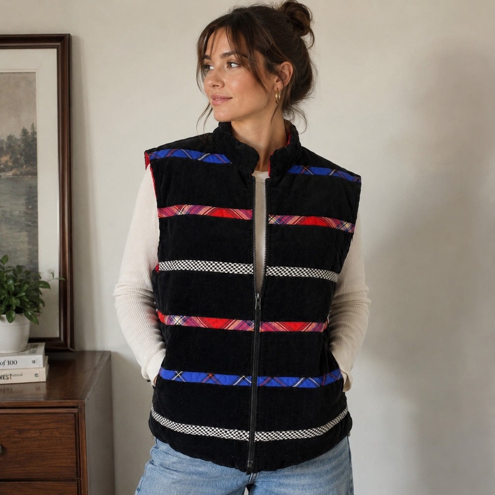 Vintage Susan Bristol Casuals Black Corduroy Plaid Trim Vest XL 90s